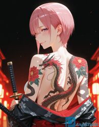ai_generated angel_yukkis ass big_ass big_breasts breasts curvy_figure go-toubun_no_hanayome nakano_ichika night oppai sexy_female sexy_pose street yakuza yakuza_tattoo