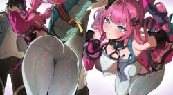 1boy 1girls arknights arknights:_endfield ass_focus black_hair blue_eyes blush cameltoe dragon_girl dragon_horns dragon_tail endministrator_(arknights:_endfield) erection_under_clothes handjob handjob_over_clothes handjob_with_gloves hanging_breasts huge_ass large_breasts long_hair male_endministrator_(arknights:_endfield) nashidrop pink_hair san_p.dro thick_thighs visor white_pantyhose yvonne_(arknights:_endfield)
