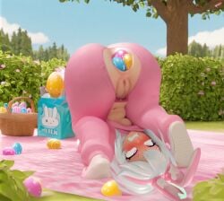3d ahe_gao ai_generated anal bunny_ears bunny_pajamas bushes easter_egg gaped_anus kigurumi large_breasts object_in_ass onesie outdoors park picnic pink_clothing pink_eyes pussy sky tree white_hair