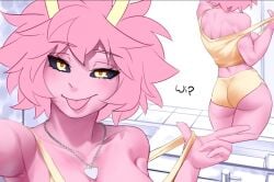 armpits ass ass_cheeks ass_focus bare_shoulders bathroom big_ass black_sclera boku_no_hero_academia breasts clavicle cleavage fit fit_female heart_necklace hips hips_wider_than_shoulders holic_fz looking_at_viewer mina_ashido my_hero_academia necklace pajamas pink_hair posing posing_for_the_viewer selfie selfie_pose short_shorts shorts sideboob strap_lift strap_slip tank_top tease teasing toned toned_female tongue tongue_out wide_hips work_in_progress yellow_eyes yellow_horns