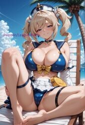 ai_generated alternate_body_type alternate_breast_size barbara_(genshin_impact) bare_shoulders barefoot beach beach_chair big_thighs bikini bikini_skirt blonde_hair blue_bikini blue_choker blue_eyes blue_sky blush bow breasts cameltoe chair child_bearing_hips choker cleavage cloud collarbone cross curvaceous curves curvy curvy_body curvy_figure day detached_sleeves drill_hair feet female full_body genshin_impact glossy glossy_body grin hat hi_res high_resolution highres jewelry knee_up large_breasts large_thighs leaguewaifus legs long_hair long_sleeves looking_at_viewer navel ocean official_alternate_costume outdoors palm_tree parted_lips pleated_skirt sailor_collar sailor_hat shiny_skin shore sitting skin_gloss skindentation skirt skull_crushing_thighs sky smile solo spread_legs stable_diffusion stomach swimsuit thick_thighs thigh_strap thighs thunder_thighs toenails toes tree twin_drills twintails voluptuous white_headwear white_skirt white_sleeves wide_hips yellow_bow