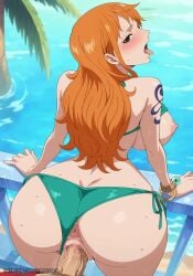 1boy 1girls ai_generated aimisaka anus arm_support arm_tattoo ass back bangle bare_shoulders beach bikini bikini_bottom_aside bikini_top_lift blue_tattoo blush bracelet breasts clothes_lift clothing_aside day female from_behind green_bikini large_breasts long_hair looking_back male nami_(one_piece) nipples ocean one_piece open_mouth orange-haired_female orange_hair outdoors palm_tree penis pov pussy railing saliva sex_from_behind shoulder_tattoo side-tie_bikini_bottom solo_focus standing_sex tattoo tongue tongue_out tree uncensored veins veiny_penis