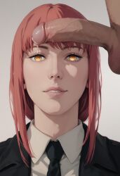ai_art ai_generated bangs chainsaw_man female long_hair looking_at_viewer makima red_hair ringed_eyes seductive_expression slight_smile yellow_eyes