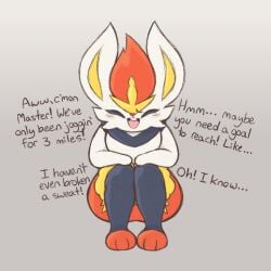 2025 3_toes ambiguous_gender anthro big_ears blush buckteeth cheek_tuft cinderace closed_eyes crouching dialogue english_text facial_tuft feet fur generation_8_pokemon hair hands_on_knees hands_on_legs lagomorph leporid looking_at_viewer mammal master multicolored_body multicolored_fur nintendo open_mouth pokemon pokemon_(species) rabbit smile solo talking_to_viewer teeth text toes tongue tuft wide_hips zlut385