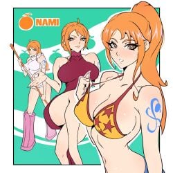 1girls arm_tattoo ass big_ass big_breasts bikini_top blue_tattoo breasts busty cleavage clima-tact curvy female female_only jeans kritukri leotard light-skinned_female light_skin long_hair midriff multiple_outfits multiple_poses multiple_views nami_(one_piece) one_piece one_piece:_egghead_arc orange-haired_female orange_hair panties ponytail pose punk_hazard red_dress solo tattoo tied_hair whole_cake_island wide_hips