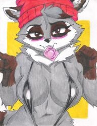blush blush_lines blushing_female colombian_female condom_in_mouth furry furry_breasts furry_female furry_only hispanic_female hispanic_youtuber lewd_expression miko_(miko's_trash_can) raccoon_ears raccoon_girl raccoon_tail swimsuit traditional_art traditional_media_(artwork) vanya_zenai wool_hat youtube_hispanic