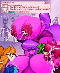 absurd_res anthro areola big_breasts blush bodily_fluids breast_milking breast_play breast_suck breastfeeding breasts canid canine celebi digital_media_(artwork) dusk_lycanroc english_text female female/female fur gastly generation_1_pokemon generation_2_pokemon generation_4_pokemon generation_7_pokemon ghost green_body group hair hi_res huge_breasts humanoid kiss_the_carrot lactating legendary_pokemon lycanroc magnemite male male/female malpo_(kiss_the_carrot) mammal milk mismagius mythical_pokemon nintendo nipples nude open_mouth orange_body pokemon pokemon_(species) sayi_(kiss_the_carrot) shaded simple_background smile spirit sucking text tongue white_body white_fur