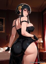 2026 ai_generated anime ass back bangs bare_shoulders bed bedroom black_dress black_gloves black_hair blush breasts buttocks cleavage clothes_lift crossover curtains dress dress_lift earrings eye_contact female female_focus female_only fingerless_gloves flower flushed from_behind gloves gold_earrings gold_hairband hair_accessory hair_flower hair_ornament hairband handwear highres huge_breasts indoors inside jewelry lamp large_breasts lifted_by_self lips long_hair looking_at_viewer looking_back nsfw parted_lips patreon patreon_username red_eyes rognezart rose seductive_smile sidelocks skindentation smile smiling solo spikes spy_x_family taut_dress thick_thighs thighs two-sided_fabric very_long_hair yor_briar yor_forger