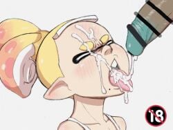 big_penis censored cum_drip cum_dripping cum_dripping_from_penis cum_on_cheek cum_on_eye cum_on_face cum_on_forehead cum_on_tongue cum_string cum_trail cumming dark-skinned_futa dripping_cum ejaculation futanari marina_(splatoon) nuranura-san pearl_(splatoon) penis semen splatoon