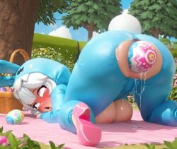 3d ahe_gao ai_generated anal blue_clothing bunny_ears bunny_pajamas bushes easter_egg gaped_anus kigurumi large_breasts object_in_ass onesie outdoors park picnic pink_eyes pussy sky tree white_hair