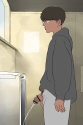 1boy 2018 balls bar_censor black_hair censored dark_skin flaccid foreskin male male_only peeing peeing_in_urinal peero penis pubic_hair solo uncensored uncircumcised uncut urinal urine