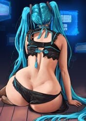 anatomically_correct ass ass_crack back_view big_ass blue_hair cybernetics digital_media_(artwork) dimples_of_venus elbows female female_only fit fit_female futuristic glistening_hair glitch glitching glitchy hatsune_miku hi_res hips hourglass_figure light-skinned_female light_skin lingerie long_hair long_twintails love_handles miku_hatsune round_ass screen shiny_hair sitting sitting_on_floor small_hands solo spine_line technophilia trapped twintails underwear ved_art2 vedart2 very_long_hair very_long_twintails vocaloid wooden_floor