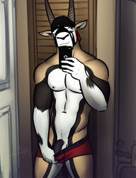 1boy 2015 antelope anthro antlers backwards_baseball_cap baseball_cap bathroom bgn biceps black_penis boxer_briefs briefs cellphone clothed clothing flaccid half-dressed hat horn iphone jamie_the_oryx male male_only mammal muscles nipples oryx pecs penis phone presenting selfie solo topless underwear