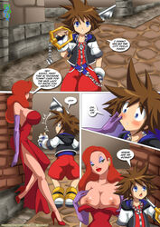 1boy 1girls age_difference bbmbbf big_breasts blue_eyes breasts comic curvy curvy_female curvy_milf disney female female_human footwear green_eyes handwear huge_breasts human jessica_rabbit keyblade kingdom_hearts larger_female long_hair male male/female male_human milf milf_love_young_man neckwear nipples older_female older_woman_and_younger_boy palcomix pale_skin public red_hair short_hair size_difference smaller_male sora straight text thick_thighs weapon who_framed_roger_rabbit young_man young_man_and_milf younger_female younger_male