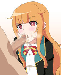 amatsuka_mao_(gj-bu) blush censored cum cum_in_mouth fellatio female gj-bu hair long_hair mosaic_censoring nanadou oral orange_hair penis red_eyes school_uniform sweat