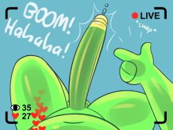 1boy 2023 big_penis bodily_fluids camera_view dialogue gemsum genital_fluids genital_growth genitals goo_creature green_body green_penis growth heart_symbol humanoid imp impact_lines laugh livestream male onomatopoeia penis penis_growth precum presenting presenting_penis recording snapping_fingers solo sound_effects spit_(gemsum) text