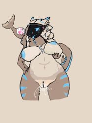 absurd_res anthro aquatic aroused ava_(oc) bactatank belly big_breasts bodily_fluids breasts dripping female fish genital_fluids hi_res machine overweight protogen shark solo standing vaginal_fluids