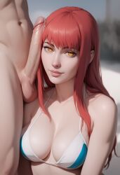 ai_art ai_generated bangs chainsaw_man female long_hair looking_at_viewer makima red_hair ringed_eyes seductive_expression slight_smile yellow_eyes