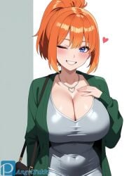 ai_generated angel_yukkis ass big_ass big_breasts breasts curvy_figure day dongtan_dress dress female go-toubun_no_hanayome grey_background meme_attire milf nakano_yotsuba oppai pixiv_id pixiv_logo pixiv_username revealing_dress room two-tone_background watermark white_background