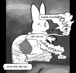 ambiguous_gender ambiguous_pooping anthro anus ass background_character black_bars bodily_fluids bottomwear bottomwear_down burping clothed clothing crowning_feces dialogue ellipsis english_text excessive_feces feces fur hi_res hyper hyper_feces hyper_scat lagomorph leporid looking_back male_(lore) mammal monochrome narrowed_eyes offscreen_character open_mouth pants pants_down partially_clothed profanity rabbit scat scatplay scut_tail short_tail solo sound_effects speech_bubble sweat tail talking_to_another text tiosqr tongue tongue_out