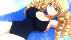 1girls blonde_hair blush breast_implants breasts cleavage female golden_eyes hair large_breasts lying_down noucome reikadou_ayame school_swimsuit silicone silicone_implants skin_tight solo swimsuit