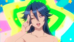 animated blue_hair bouncing_breasts breasts censored female hitsugi_sayo large_breasts long_hair nude one_eye_closed purple_eyes salute screencap smile solo star triage_x wink