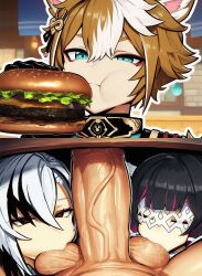 ai_generated arlecchino_(genshin_impact) balls balls_sucking ballsack big_balls big_penis burger columbina_(genshin_impact) eating ffm_threesome genshin_impact goonie_bear gorou_(genshin_impact) hair kemonomimi penis saliva testicle under_the_table veiny veiny_penis