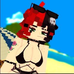 1female 1girls 2025 3d arm_tattoo beach bikini black_bikini bracelet breasts choker cleavage ellie_walls_(odysseyellie) eyeshadow eyewear_on_head face_tattoo female female_only freckles freckles_on_breasts freckles_on_chest freckles_on_face freckles_on_shoulders glasses_on_head goth green_eyes hair_ornament heart_tattoo light-skinned_female light_skin makeup mine-imator minecraft multicolored_hair neckwear odysseyellie outside short_hair skull_hair_ornament smile solo solo_female swimwear tattoo tattoo_on_arm tattoo_on_breast tattoo_on_face tattooed_arm tinted_eyewear tinted_glasses two-tone_hair