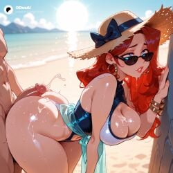 1boy 1girls absurd_res absurdres against_wall ai_generated ass bangle bare_shoulders beach bent_over big_ass big_breasts black_one-piece_swimsuit blue_eyes blurred_background blurry_background bow bracelet breasts buttjob cartoon cartoony casual_one-piece_swimsuit cleavage cleavage_cutout clothed_female_nude_male clothing_cutout cloud cum cum_on_ass cum_on_body cum_on_breasts day depth_of_field earrings ejaculation erection female female_focus grinding hat hat_bow hat_ribbon heart heart-shaped_pupils hi_res high_quality high_resolution highleg highres hoop_earrings huge_ass jewelry large_ass large_breasts league_of_legends lips lipstick long_hair looking_over_eyewear looking_over_sunglasses makeup miss_fortune navel navel_cutout nude ocean odexai one-piece_swimsuit one-piece_thong outdoors parted_lips penis penis_on_ass red_hair red_lips shiny_skin sky small_waist smile solo_focus standing straight straw_hat sun_hat sunglasses sweat swimsuit symbol-shaped_pupils thick_thighs thighs thin_waist tinted_eyewear uncensored water wet wide_hips