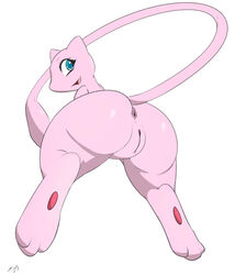 2015 anus ass blue_eyes female feral kamikitsu legendary_pokemon looking_at_viewer mew nintendo open_mouth plain_background pokemon pokemon_(species) pussy smile solo video_games white_background