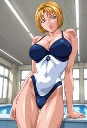1girls ai_generated alternate_costume arched_back arm_support athletic athletic_female bible_black big_breasts blonde_hair blue_eyes bob_cut breasts busty cleavage closed_mouth clothing competition_swimsuit cross_earrings curvy earrings erect_nipples faithful_to_the_anime female female_only high_resolution highleg highleg_one-piece_swimsuit hot_tub hourglass_figure hourglass_figured_female indoors jacuzzi jewelry kitami_reika large_breasts lipstick looking_up makeup manken mature mature_female milf nipples nipples_visible_through_clothing one-piece_swimsuit pinup pool poolside poses school_swimsuit see-through see-through_clothing sexually_suggestive sexy_pose shiny_skin short_hair sidelocks smile solo suggestive swimmer swimsuit tagme two-tone_swimsuit uncensored visible_nipples wet wet_body wet_clothes wet_skin wide_hips