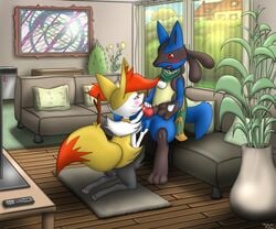 akiru01 anus ball_fondling balls blush braixen fellatio fiona knot living_room lucario nintendo oral original_characters penis pokemon pokemon_(species) pussy riky sex sucking video_games