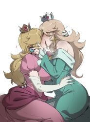 2girls bare_shoulders blonde_hair blue_nails blush breasts clothed clothed_female clothes clothing commentary crown curvy curvy_female curvy_figure dress earrings elbow_gloves english_commentary female female_only fingernails french_kiss gloves green_dress highres incest incest_(lore) jewelry kissing large_breasts light_blue_dress lipstick_mark long_hair long_sleeves mario_(series) masoq masoq095 multiple_girls nail_polish nintendo older_female passionate passionate_kiss pink_dress princess_peach princess_rosalina saliva simple_background sisters tongue tongue_out white_background white_gloves younger_female yuri