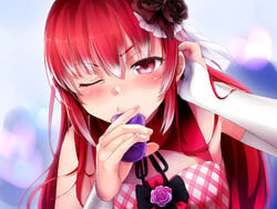 1girls adjusting_hair audrey_belrose blush bridal_gauntlets deepthroat dildo fellatio female fringe gagging game_cg hair hair_ornament highres huniepop long_hair looking_at_viewer ninamo one_eye_closed oral red_eyes red_hair saliva skinny small_breasts solo sucking teenager