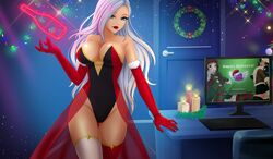 blue_eyes fap_ceo holly_(fap_ceo) large_breasts mrs._claus_(fap_ceo) nutaku stockings white_hair