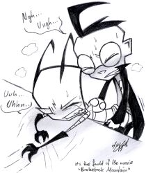 2boys 2d 2d_(artwork) 3_fingers alien anal_sex antennae antennae_(anatomy) blush circular_glasses clawing dib_membrane doggy_style drawing from_behind from_behind_position gay gay_sex glasses human human_on_alien hyenakay interspecies invader_zim irken mostly_clothed pants_down sweat sweating tearing_up zim