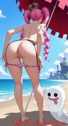 1girls ai_generated anus ass barefoot behind_view big_ass big_breasts booty breasts busty chest cleft_of_venus clitoris female_only from_behind full_body garter_belt genitals hi_res highres large_breasts legs long_hair natsuyoru one_piece panties partially_clothed patreon perona pink_hair pussy rear_view solo solo_female standing striped_panties swimsuit tattoo topless trembling uncensored underwear vagina vulva