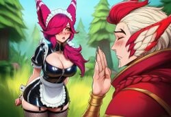 1boy 1girls ai ai_assisted ai_generated animal_ears curvy denied denied_sex fishnets horny_female latex latex_clothing league_of_legends maid maid_outfit maid_uniform pink_hair prussia123 rakan rejection sad sexy_body sexy_clothing sexy_female skimpy_clothes unwilling_male vastaya xayah