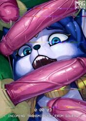 anthro blowbang blue_body blue_eyes blue_fur canid canine english_text erection female female_anthro fox fur genitals glitch group hi_res humanoid_genitalia humanoid_penis krystal krystal_(star_fox) looking_at_viewer magnetus male male/female male_anthro mammal multicolored_body multicolored_fur nintendo open_mouth penis penis_on_face pink_penis scalie sharpclaw star_fox text vein veiny_penis white_body white_fur