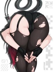 1girls ass ass_focus black_gloves black_hair black_pantyhose black_shorts black_thighhighs female fingerless_gloves from_side gloves hotoke_shizuka jane_doe_(zenless_zone_zero) long_hair mouse_girl mouse_tail multicolored_hair pantyhose red_hair shorts simple_background single_leg_pantyhose single_thighhigh solo tail thighhighs thighs torn_clothes torn_pantyhose torn_thighhighs two-tone_hair very_long_hair zenless_zone_zero
