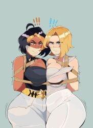 2girls arms_behind_back ass ass_bigger_than_head big_ass big_breasts black_hair blizzard_entertainment blonde_hair bondage bound bound_together breasts breasts_squeezed_together cleavage cleavage_overflow clothed clothed_female dark-skinned_female domina emma_frost emma_frost_(marvel_rivals) female female_focus female_only gag gagged light-skinned_female lizwoss looking_at_viewer marvel marvel_rivals multiple_girls multiple_subs overwatch overwatch_2 rope rope_bondage rope_harness tape tape_gag tied_up tight_clothing tight_pants twitter_username vaira_singhania