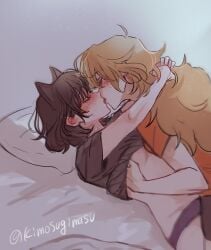 2girls black_hair blake_belladonna blonde_hair canon_couple kimosugimasu lesbian lesbian_couple rwby yang_xiao_long