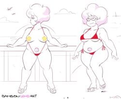 beach big_hair bikini casual chubby chubby_female clothing eyewear female gem_hybrid gemsona human no_color nora_quartz_universe pale_skin pasties pier pink_hair puffy_hair red_bikini red_g-string red_sling_bikini samson_00 sandals star_pasties steven_quartz_universe steven_universe swimwear taped_nipples