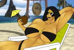 2d abs atari_mitsuku beach big_breasts bikini black_lips breasts d'vorah mortal_kombat sunglasses yellow_skin