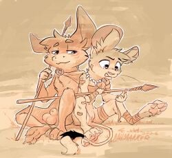 animancer anthro arm_around_shoulders balls bandage bat bat_ears body_wraps bottomless bottomless_anthro bottomless_female bottomless_male chest_wraps cloak clothed clothing desert_bat digital_media_(artwork) dipodid duo female fingers fur genitals hi_res jerboa jewelry luck_(animancer) male mammal melee_weapon monochrome mostly_nude mostly_nude_anthro mostly_nude_female mostly_nude_male necklace pawpads penis polearm rodent sepia simple_background sitting spear tail topwear tribal turo_of_akesh vulva weapon wingless_bat wraps