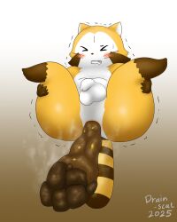 anthro anus ass balls blush brown_body brown_fur corn drain_scat feces feces_in_ass food food_in_feces fur genitals hi_res holding_both_legs humanoid_genitalia humanoid_penis low-angle_view male mammal markings midair multicolored_body multicolored_fur object_in_feces penis plant procyonid raccoon rascal_(rascal_the_raccoon) rascal_the_raccoon scat simple_background solo spread_legs spreading striped_markings striped_tail stripes tail tail_markings two_tone_body two_tone_fur white_body white_fur wide_hips yellow_body yellow_fur