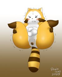 anthro anus ass balls blush brown_body brown_fur drain_scat feces feces_in_ass fur genitals hi_res holding_both_legs humanoid_genitalia humanoid_penis low-angle_view male mammal markings midair multicolored_body multicolored_fur penis procyonid raccoon rascal_(rascal_the_raccoon) rascal_the_raccoon scat simple_background solo spread_legs spreading striped_markings striped_tail stripes tail tail_markings two_tone_body two_tone_fur white_body white_fur wide_hips yellow_body yellow_fur