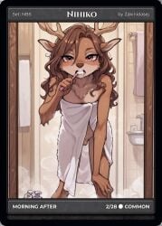 ai_generated antlers bathroom brown_hair brown_hair_female brunette brunette_female cartoon elk exposed_penis femboy flaccid furry furry_female long_brown_hair long_hair nihiko penis solo steam toothbrush towel trading_card trans_woman wavy_hair wet_hair wet_skin zakinidasej