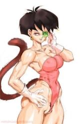 adjusting_eyewear breasts bush clothed dragon_ball dragon_ball_super dragon_ball_z saiyan saiyan_armor saiyan_female saiyan_tail scouter seripa solo talking talking_to_another tinted_eyewear