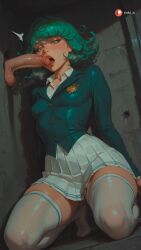 ai_generated aisinful ass big_ass big_breasts big_butt blowjob blush breasts deepthroat drool drooling fellatio female green_eyes green_hair hi_res kneeling large_breasts medium_breasts one-punch_man open_mouth oral penis saliva shadow skirt solo_focus straight tatsumaki thick_thighs thighhighs tongue tongue_out wide_hips